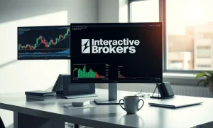 Interactive Brokers trading desk with multiple monitors showing financial charts.