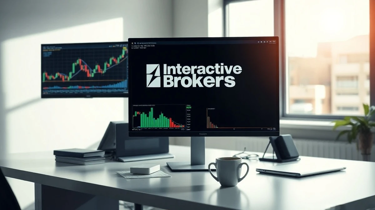 Interactive Brokers trading desk with multiple monitors showing financial charts.