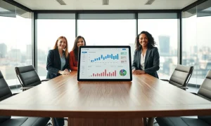 IR professionals reviewing AI analytics dashboard in a modern office meeting room