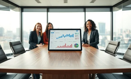 IR professionals reviewing AI analytics dashboard in a modern office meeting room