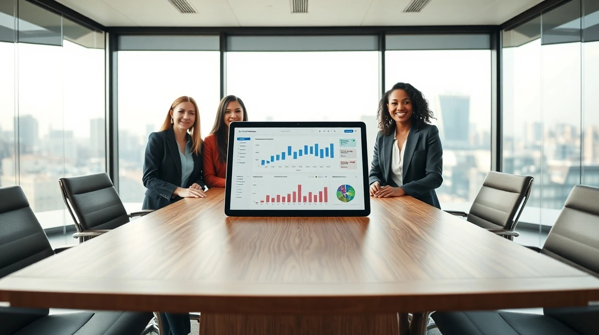 IR professionals reviewing AI analytics dashboard in a modern office meeting room