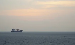 Strait of Hormuz at sunrise with a cargo ship silhouette, illustrating Iran's statement on no military solution to political crisis.