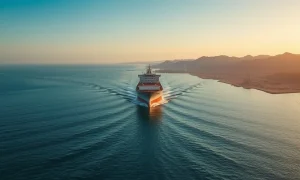 Aerial view of a large oil tanker navigating the Strait of Hormuz at sunrise, with the Iranian coastline in the background.