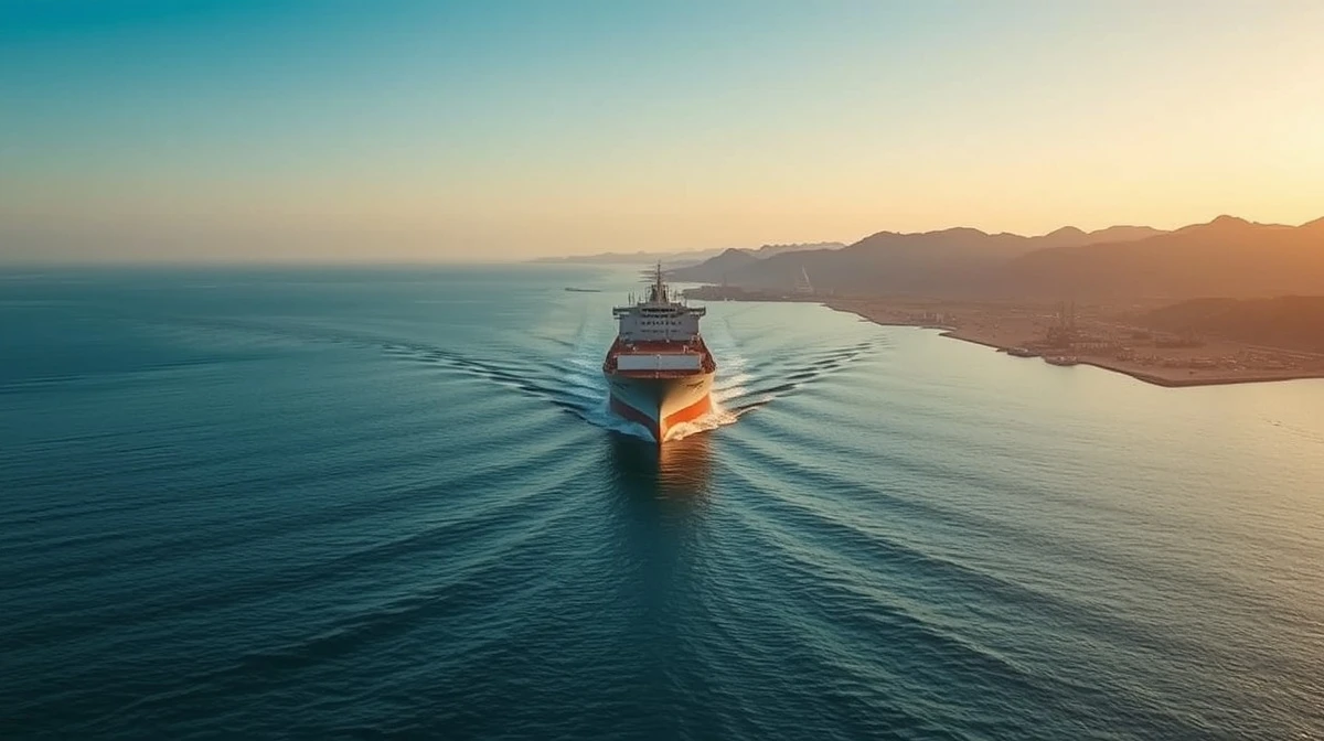 Aerial view of a large oil tanker navigating the Strait of Hormuz at sunrise, with the Iranian coastline in the background.