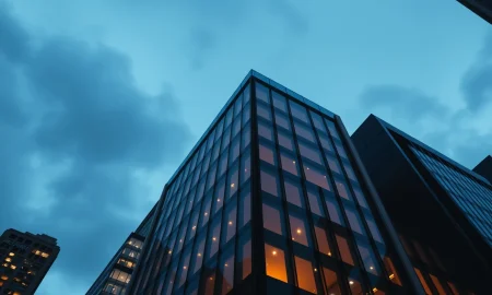 Exterior of a modern office building in Manhattan's Financial District at dusk, representing Jane Street's headquarters.
