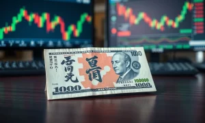 Close-up of Japanese yen and US dollar banknotes on a desk with blurred financial charts in background.