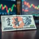 Close-up of Japanese yen and US dollar banknotes on a desk with blurred financial charts in background.