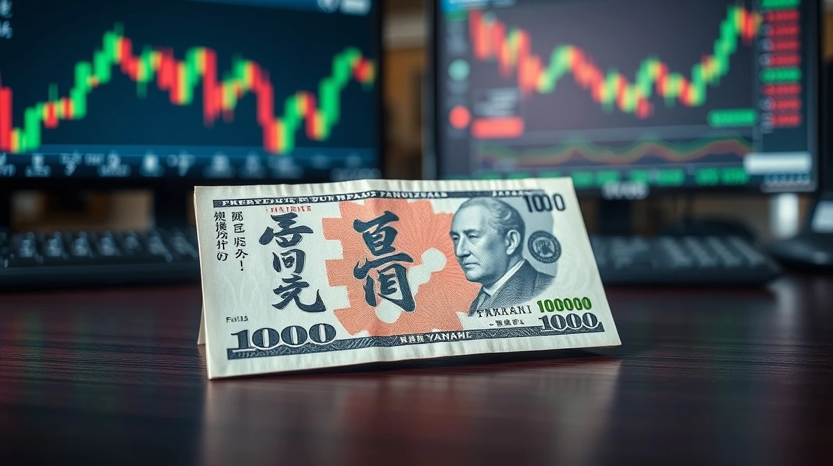 Close-up of Japanese yen and US dollar banknotes on a desk with blurred financial charts in background.