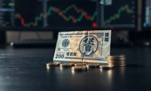 Japanese Yen banknotes and coins on a desk with subtle trading desk background
