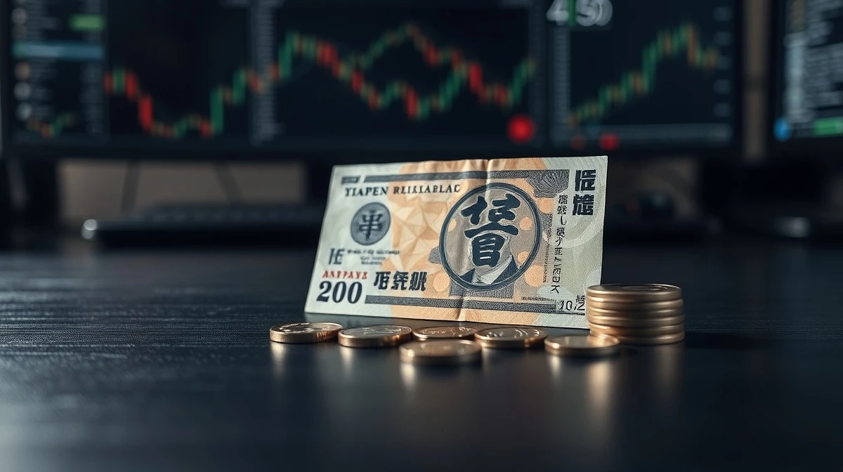 Japanese Yen banknotes and coins on a desk with subtle trading desk background
