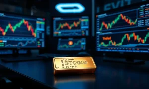 Bitcoin price charts on trading monitors next to a gold bar on a desk