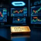 Bitcoin price charts on trading monitors next to a gold bar on a desk