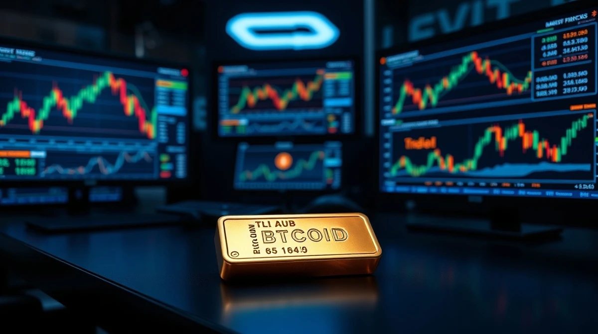 Bitcoin price charts on trading monitors next to a gold bar on a desk