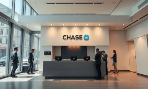 Interior of a modern JPMorgan Chase bank branch in a European city, with customers and staff.