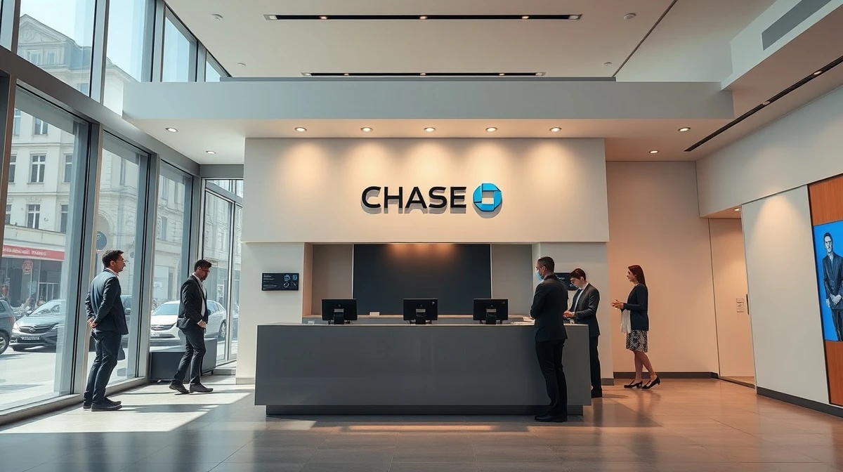 Interior of a modern JPMorgan Chase bank branch in a European city, with customers and staff.