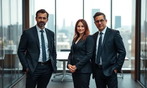 Three JPMorgan executives standing in a modern boardroom with city skyline background