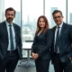 Three JPMorgan executives standing in a modern boardroom with city skyline background