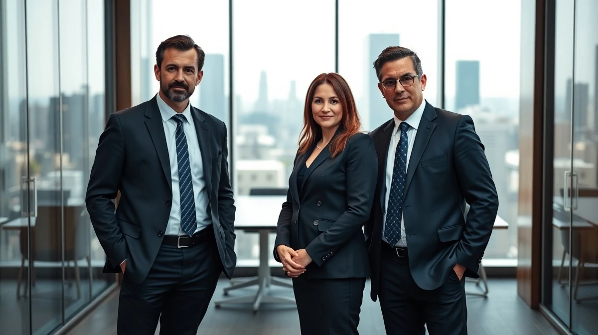 Three JPMorgan executives standing in a modern boardroom with city skyline background