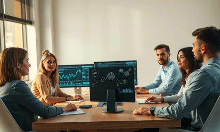 Young professionals analyzing financial data and AI network graphics on monitors in a modern office