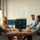 Young professionals analyzing financial data and AI network graphics on monitors in a modern office