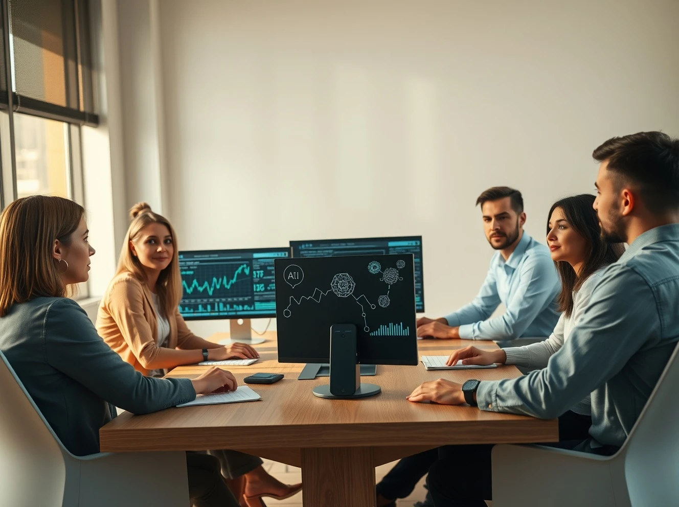 Young professionals analyzing financial data and AI network graphics on monitors in a modern office