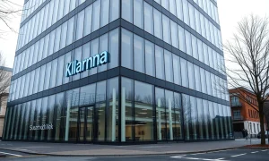 Klarna headquarters in Stockholm on a cloudy autumn day, reflecting the company's financial milestone