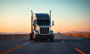 Kodiak autonomous truck on a highway at dusk, no driver visible
