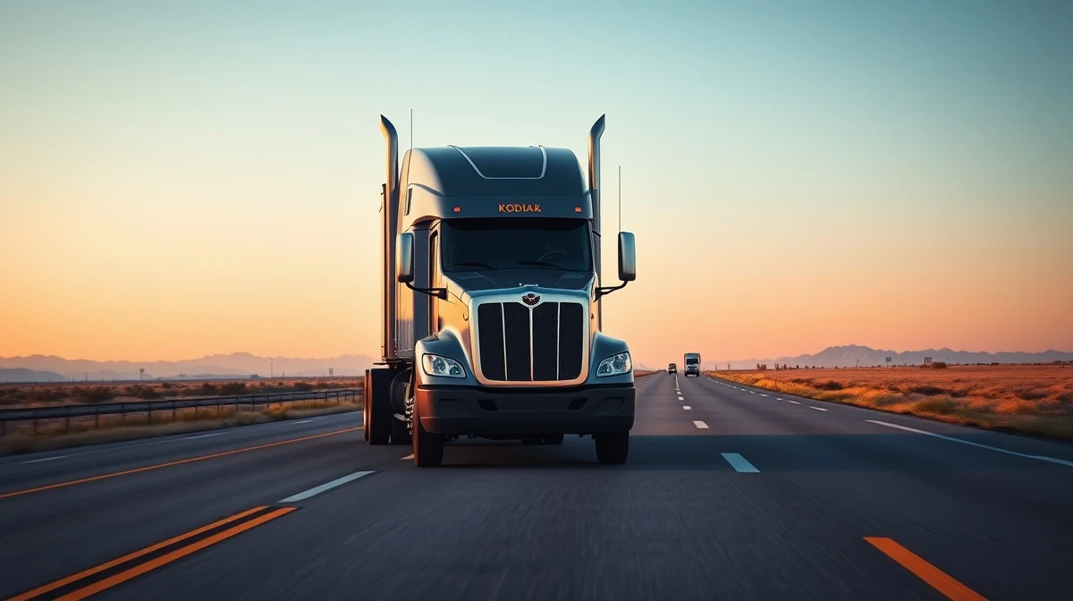 Kodiak autonomous truck on a highway at dusk, no driver visible