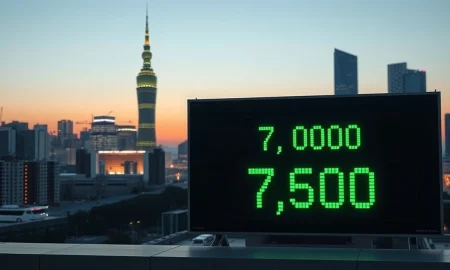 Seoul skyline at dusk with KOSPI digital board showing index at 7,700