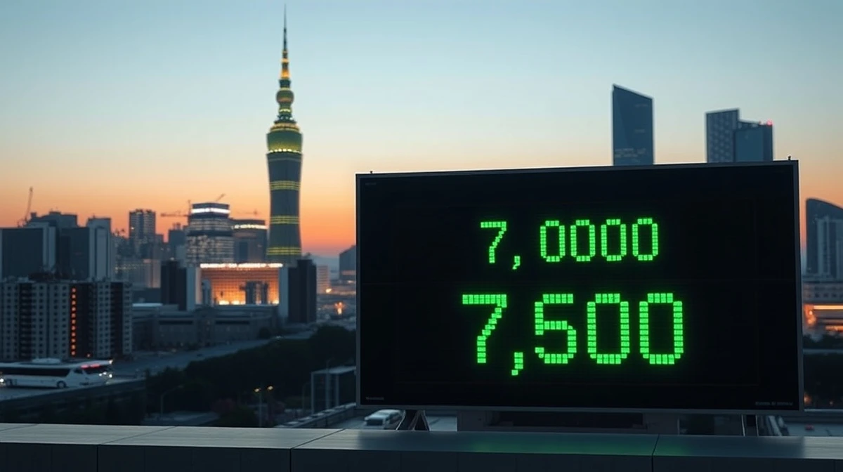 Seoul skyline at dusk with KOSPI digital board showing index at 7,700