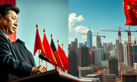 Split image of Xi Jinping at a podium and a U.S. city skyline representing economic growth