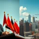 Split image of Xi Jinping at a podium and a U.S. city skyline representing economic growth
