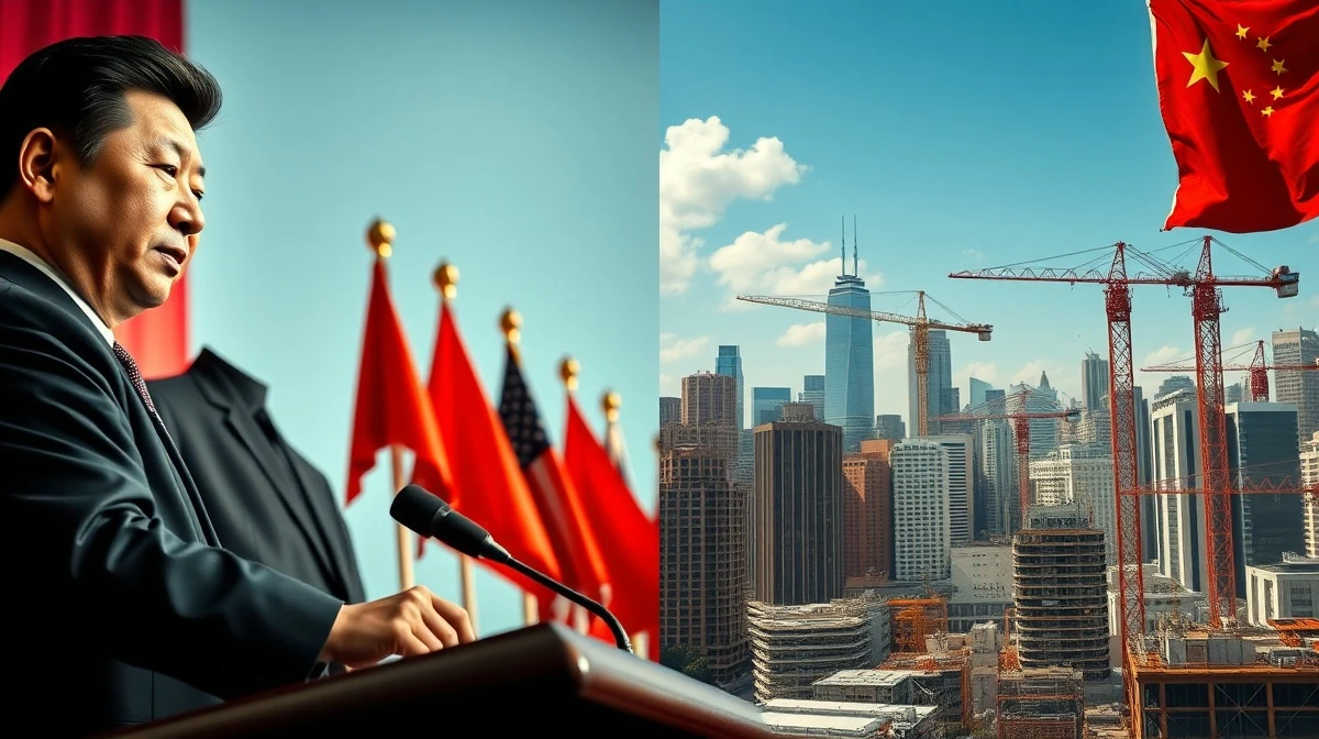 Split image of Xi Jinping at a podium and a U.S. city skyline representing economic growth