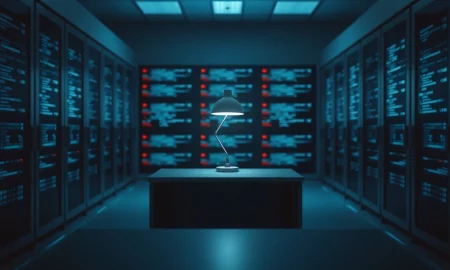 Empty desk in a high-security surveillance tech office with server racks and code on monitors in the background.