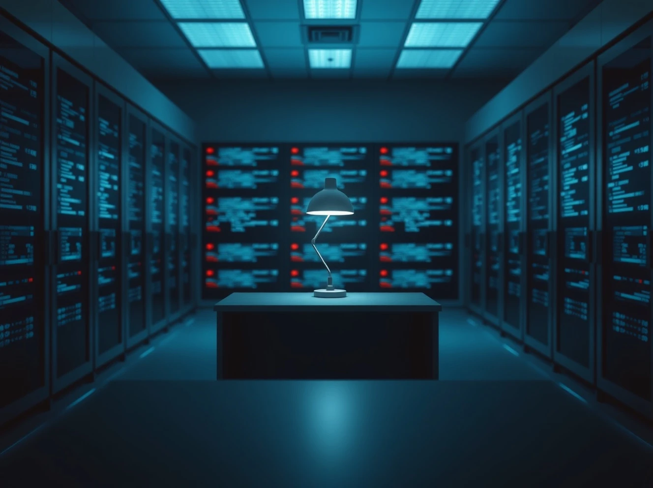 Empty desk in a high-security surveillance tech office with server racks and code on monitors in the background.