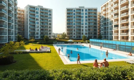 Vienna's Alterlaa social housing complex with pool and green areas on a sunny day