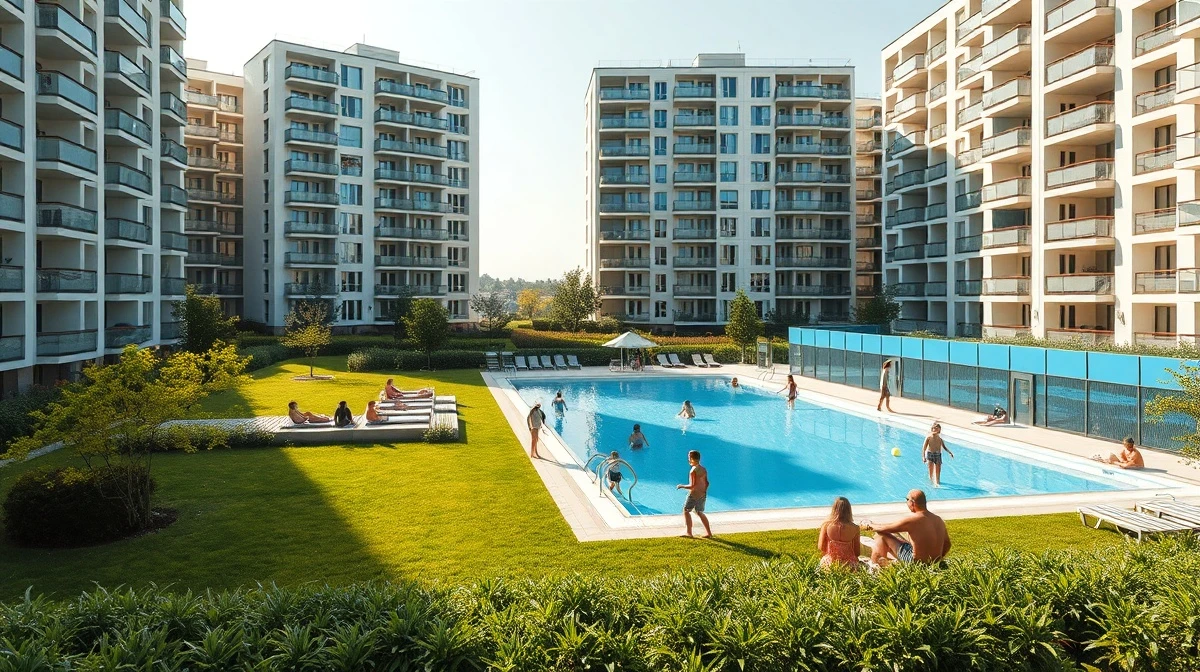 Vienna's Alterlaa social housing complex with pool and green areas on a sunny day