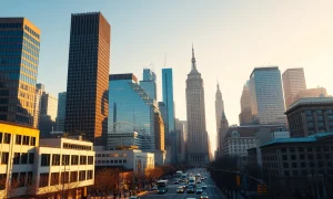 Bustling city skyline at sunrise symbolizing economic growth