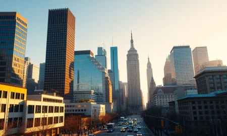 Bustling city skyline at sunrise symbolizing economic growth