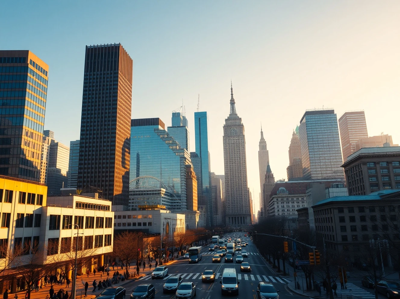 Bustling city skyline at sunrise symbolizing economic growth