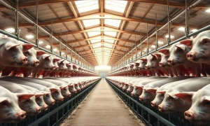 Interior of a modern hog barn with rows of pigs in pens under natural lighting.