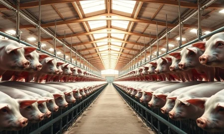 Interior of a modern hog barn with rows of pigs in pens under natural lighting.