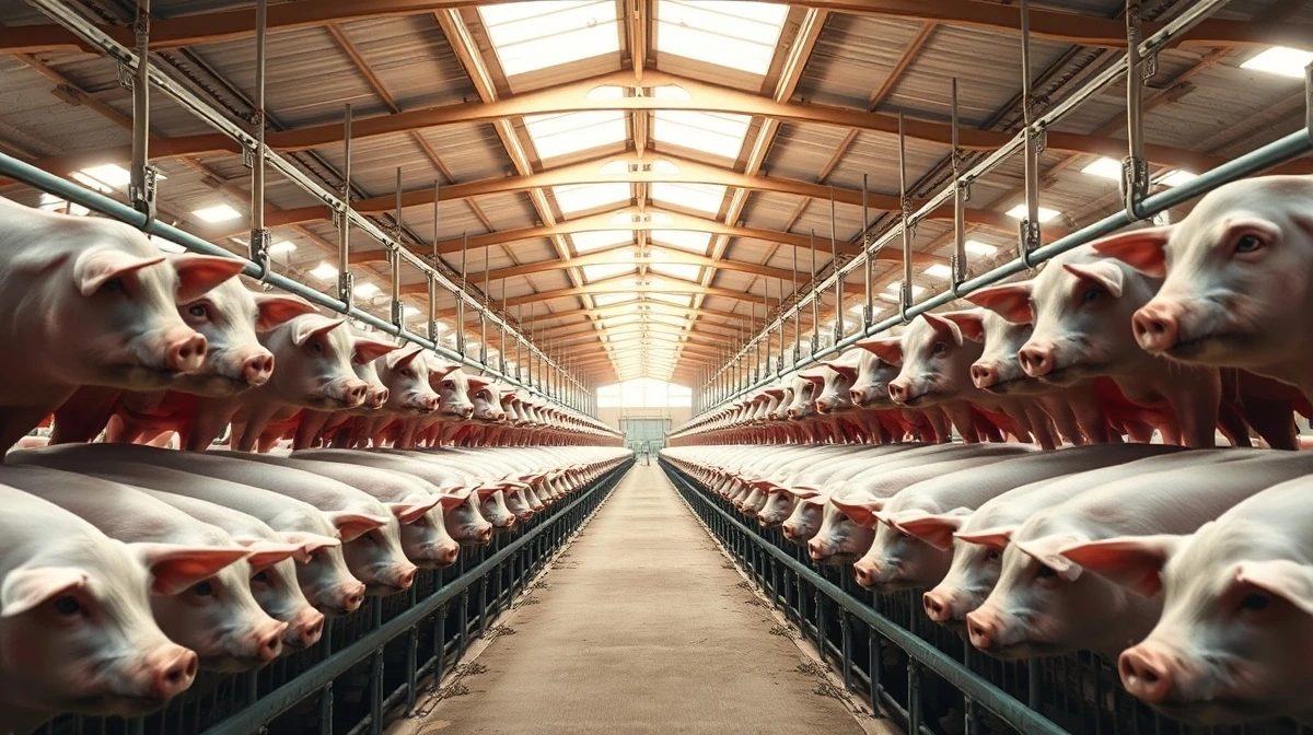 Interior of a modern hog barn with rows of pigs in pens under natural lighting.