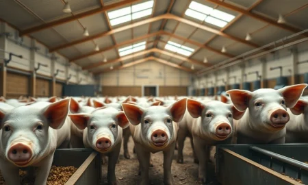 A group of lean hogs in a modern barn, representing the commodity market for pork and livestock futures.