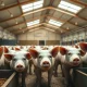 A group of lean hogs in a modern barn, representing the commodity market for pork and livestock futures.