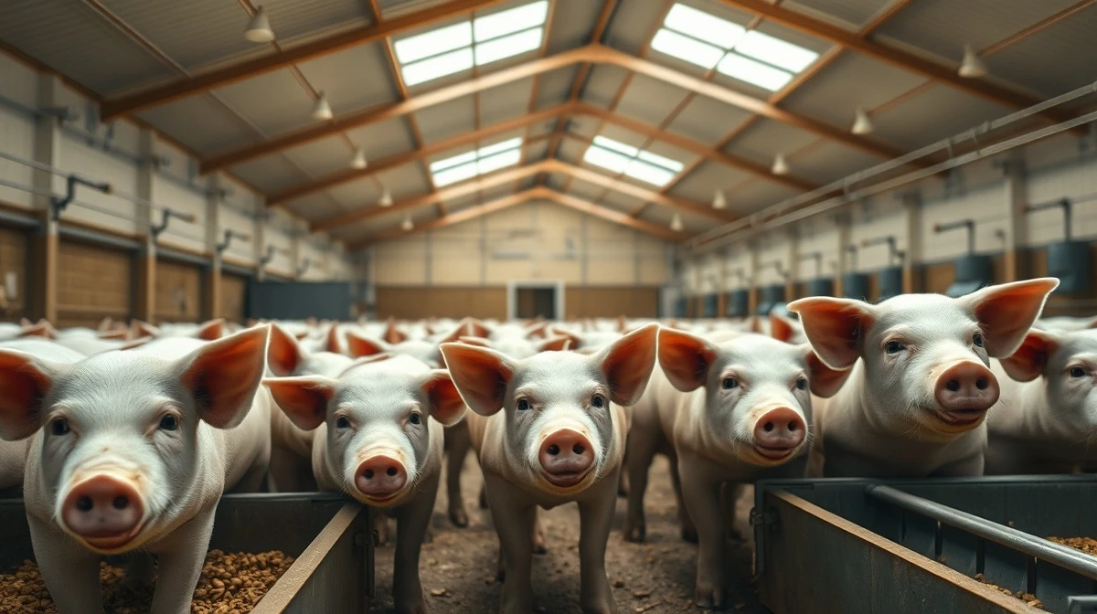 A group of lean hogs in a modern barn, representing the commodity market for pork and livestock futures.