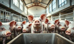 Hogs in a modern barn facility with natural daylight streaming through windows