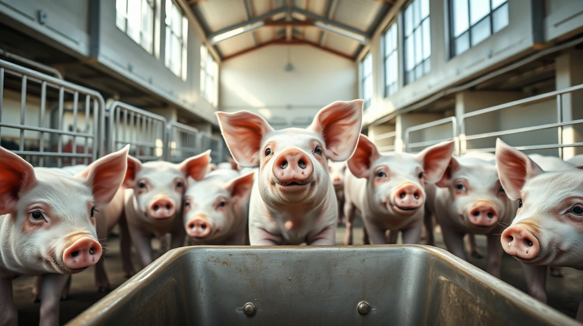 Hogs in a modern barn facility with natural daylight streaming through windows
