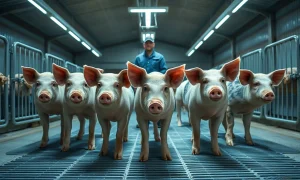 Healthy lean hogs in a modern barn with a farmer observing in the background, representing the livestock futures market.