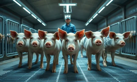 Healthy lean hogs in a modern barn with a farmer observing in the background, representing the livestock futures market.